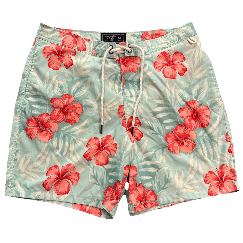 Abercrombie & Fitch Swim Trunks Mens Blue Red Excellent Hibiscus Floral 32
